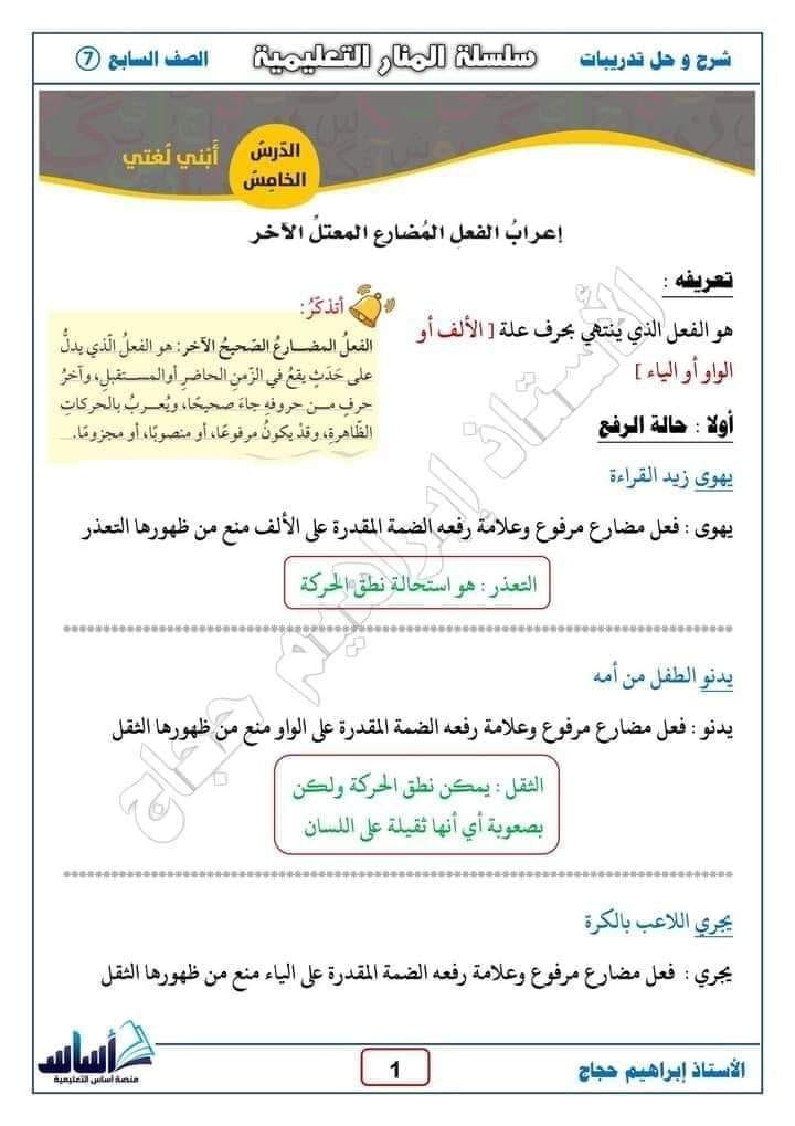 Mjc3NDQ2MC40MjM1 شرح إعراب الفعل المضارع معتل الآخر مادة العربية لغتي للصف السابع الفصل الاول 2024